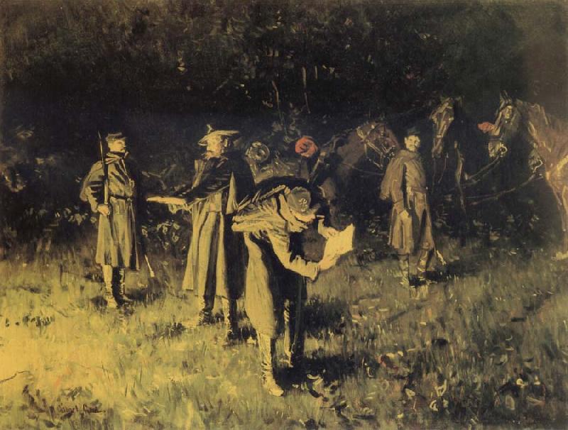 unknow artist Federal troops reading a message at fireside Sweden oil painting art